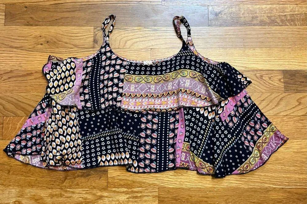 Raga Women’s XS Blue Pink Flower Star Ruffle Spaghetti Strap Babydoll Crop Top - Image 3