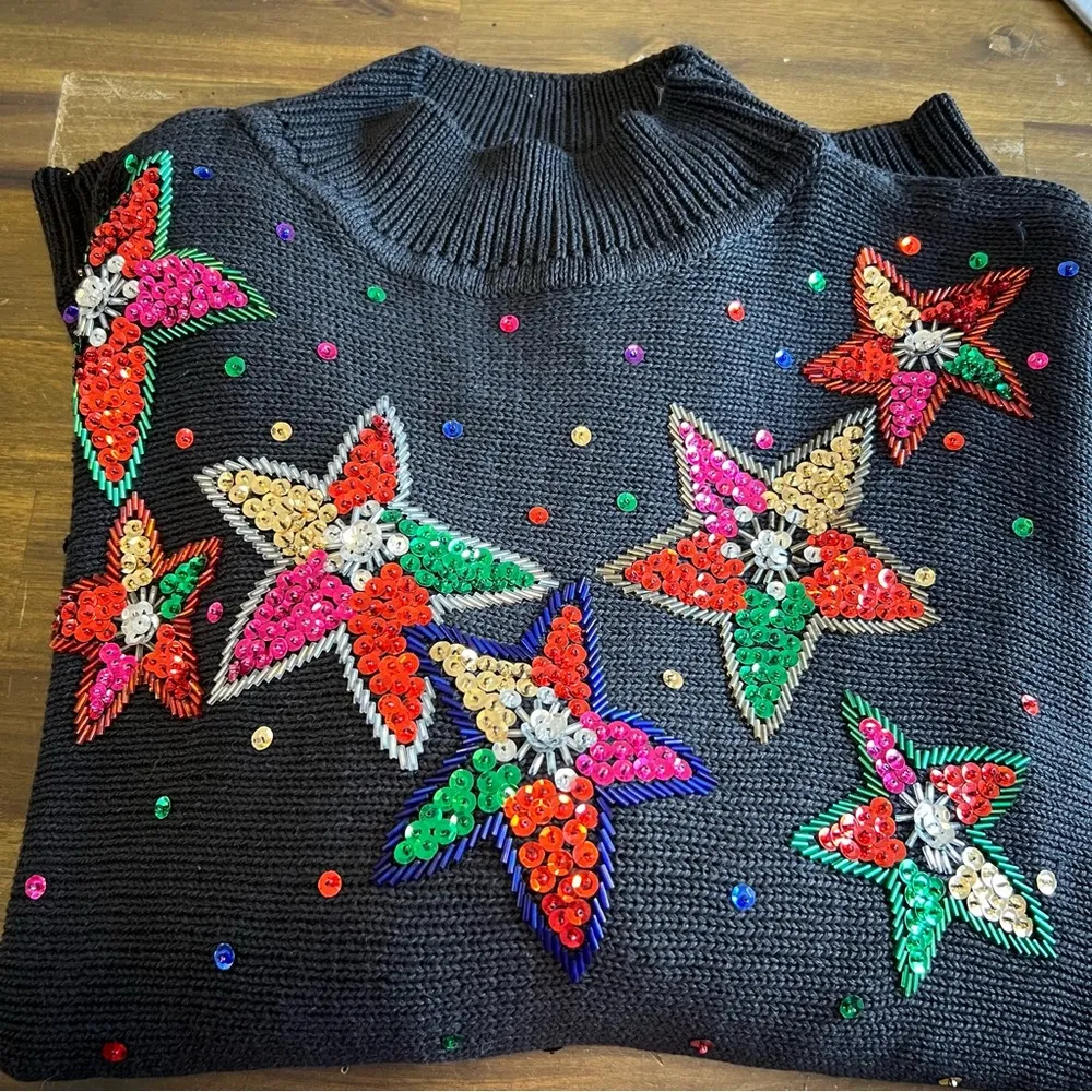 Vintage Beaded Sequin Holiday Sweater Stars Christmas Ugly Long Line Oversized L Black Size L - Image 9