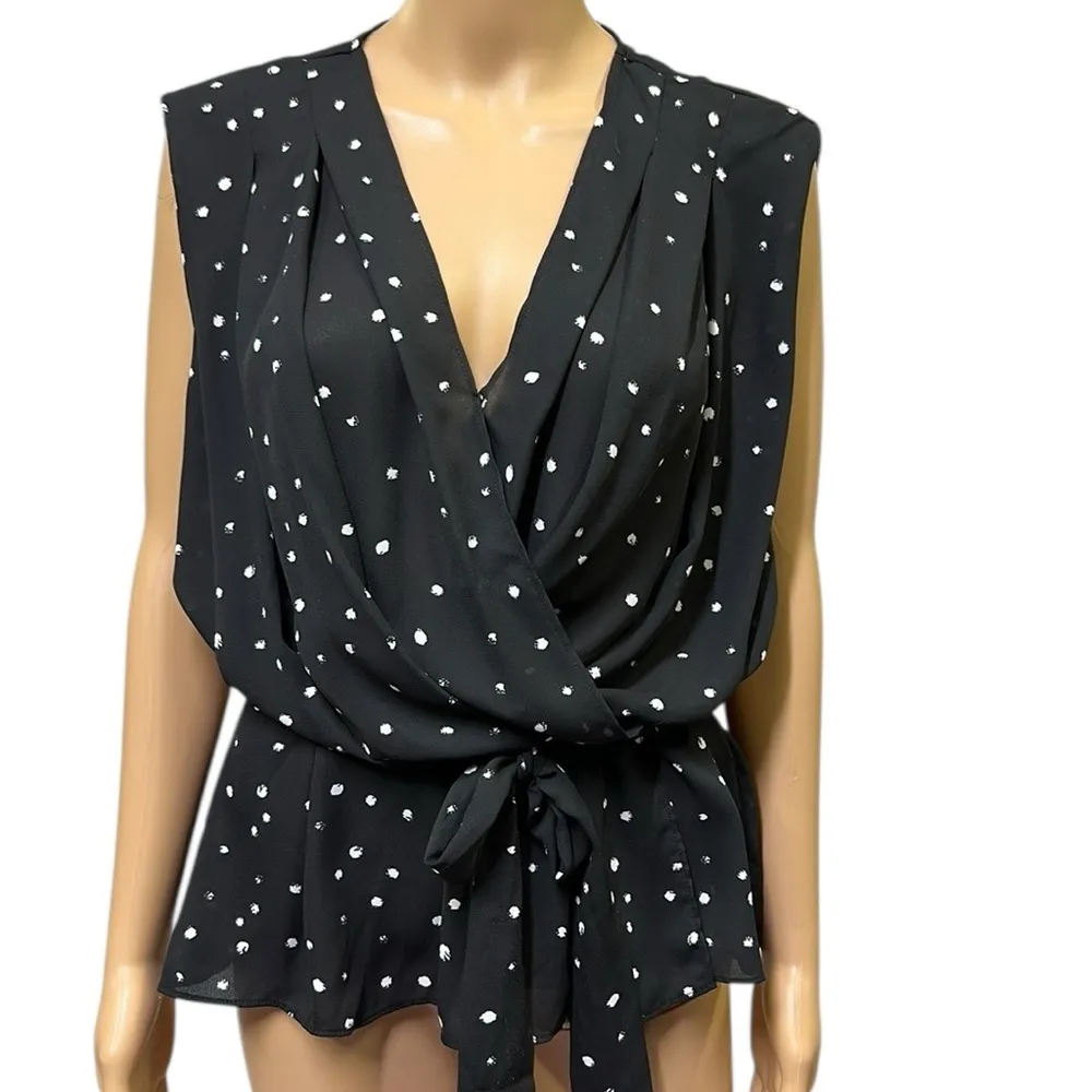 Worthington Black White Polka Dot Wrap Peplum Tie Waist Sleeveless Blouse XL - Image 3