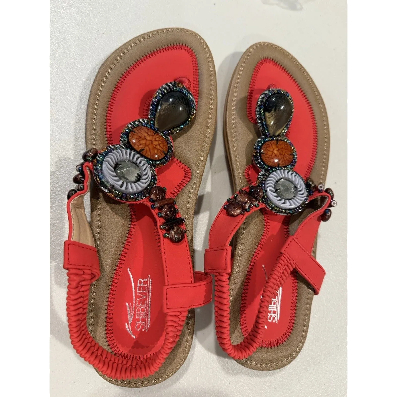 NEW Sandals Womens 8.5 Beaded Boho Elastic Ankle Travel Vacation Resort Indie Red - Image 3