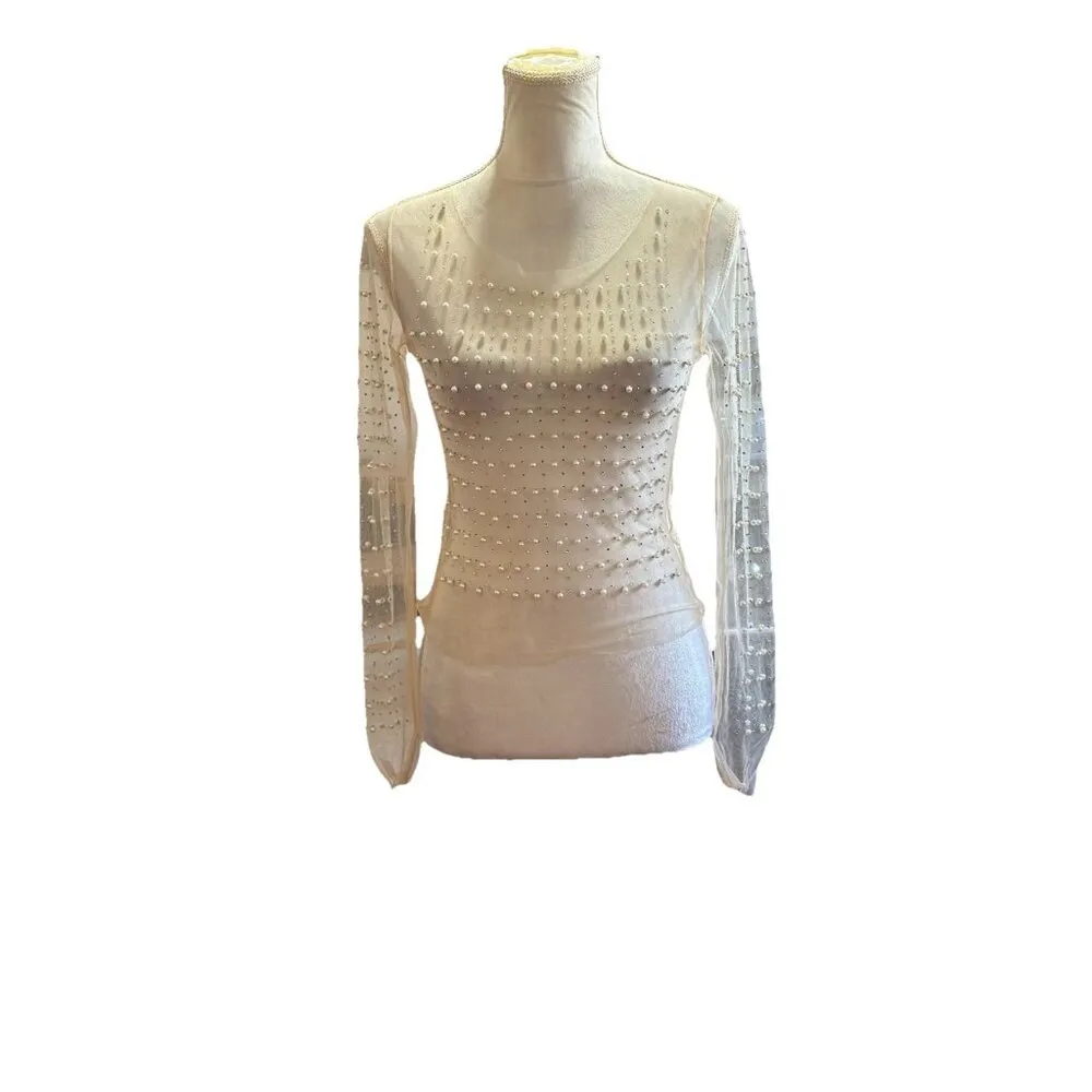 Pearl Rhinestone Sheer Mesh Crop Top Sz S Y2K Style Fairycore Glam Rave - Image 3