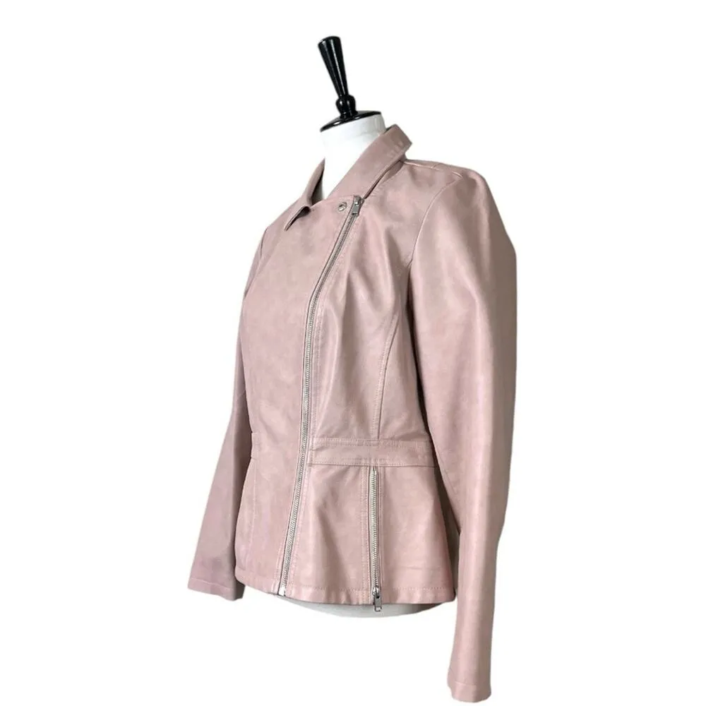 Roz & Ali Jacket Moto Faux Leather Vegan Zip Front Blush Pink Women Size Large - Image 4