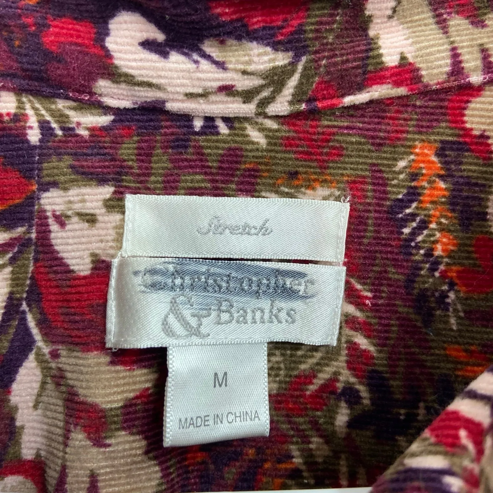 Christopher & Banks dark floral leaf corduroy button collared jacket stretch M - Image 5