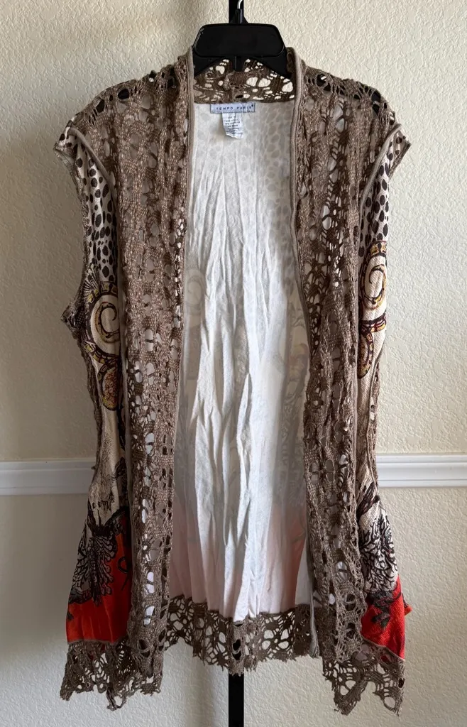 Tempo Paris Boho Crochet Size Medium Brown Animal Print Fall Layering Kimono - Image 1
