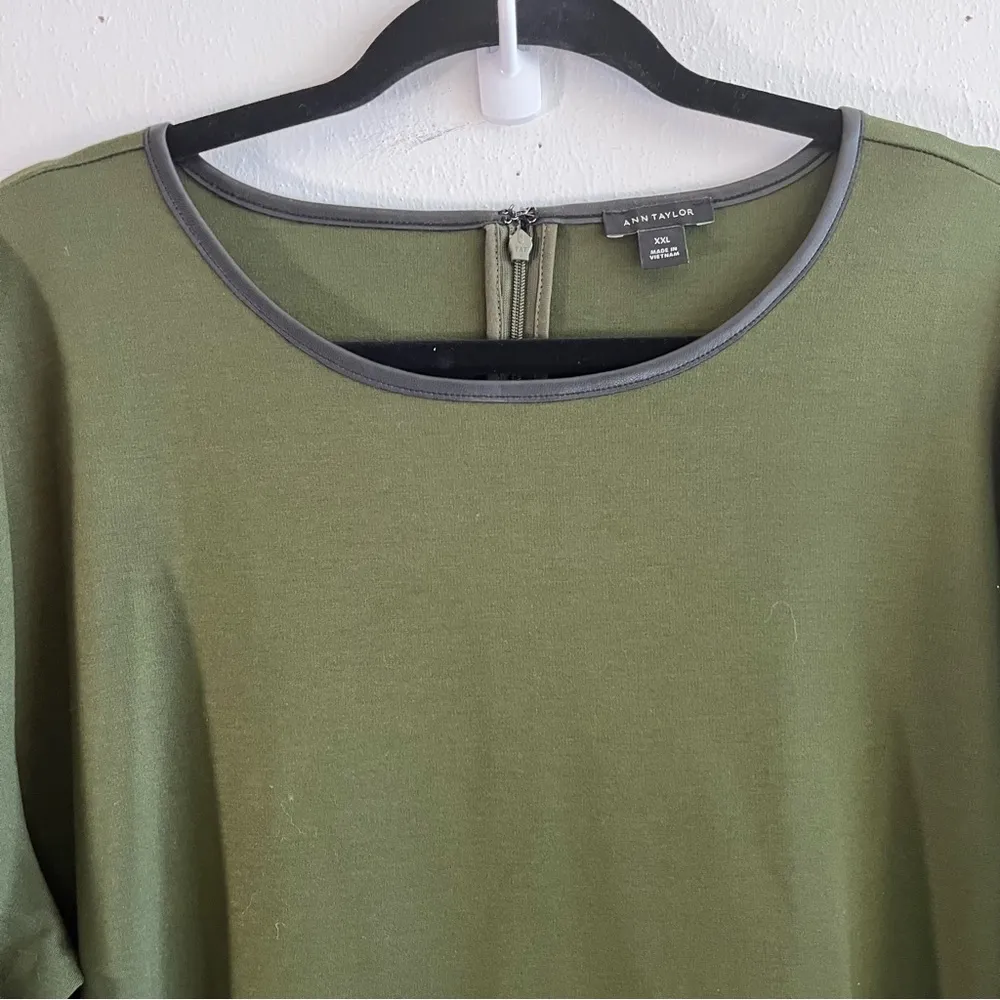 Ann Taylor Blouse Olive Green w/ Faux Leather Trim Peplum Long Sleeve Sz XXL EUC - Image 3
