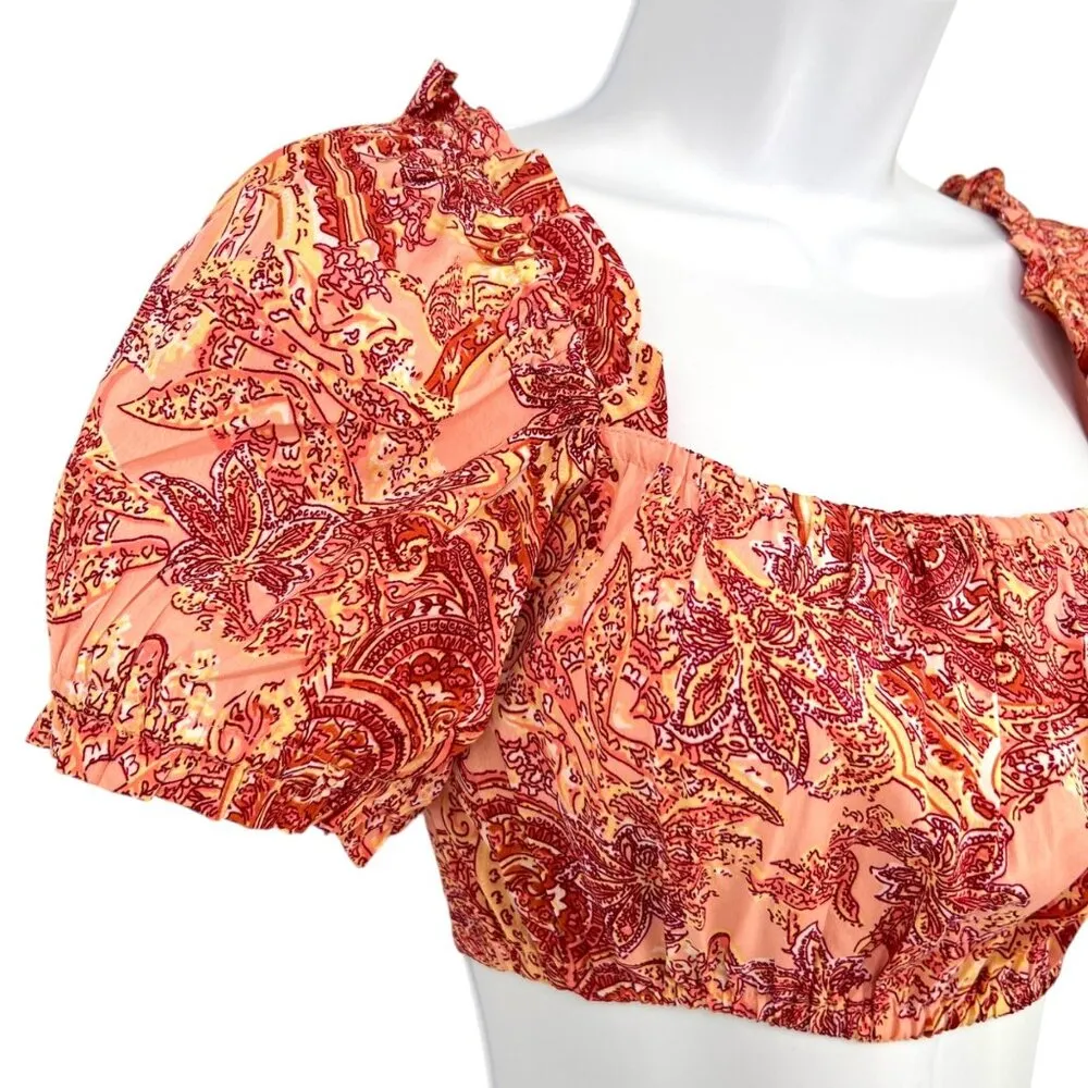 B.O.G Collective Paisley Puff Sleeve Crop Top Pink Red Size XS - Image 4