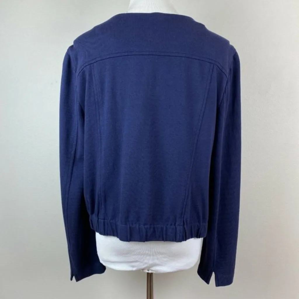 Ann Taylor Loft Jacket Large Navy Blue‎ Off Center Full Zip Pockets Cotton - Image 4