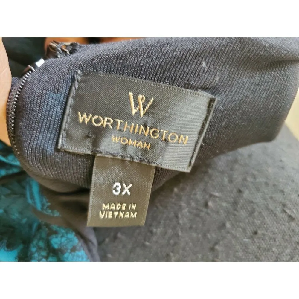 Worthington Womans Black Blue Floral STRETCH Fit & Flare Dress Size 3X - Image 7