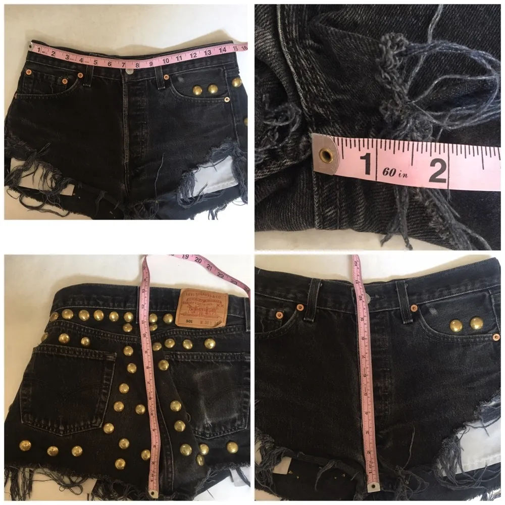 Customized vintage Levi's 501 studded cutoff black jean denim shredded shorts - Image 8