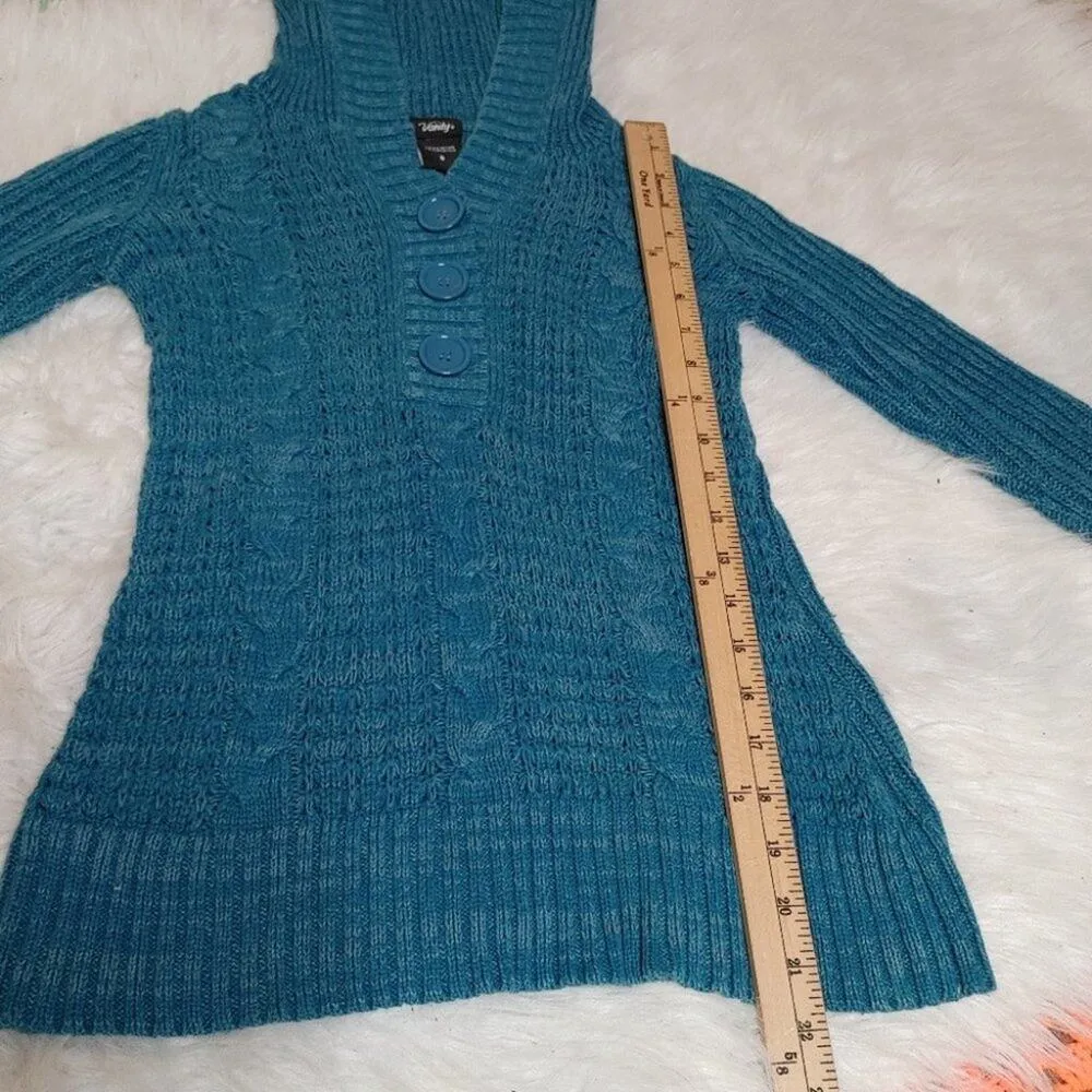 Vanity Size Small Blue Knit Sweater Button Long Sleeve Hooded Winter Warm Cozy - Image 2