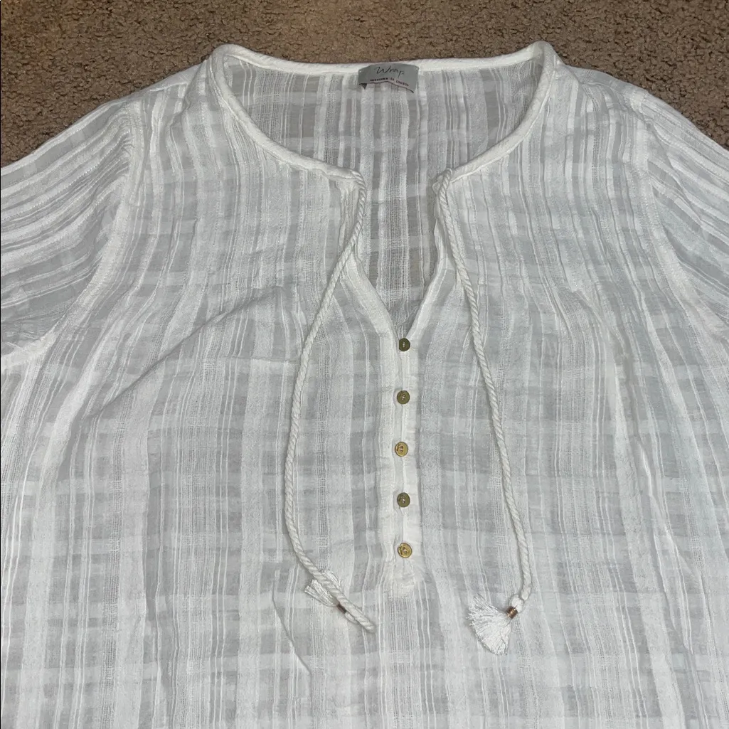 Wrap London Pintuck Gauze Flare Sleeve‎ Boho Blouse Buttons Tassels White 8 - Image 3