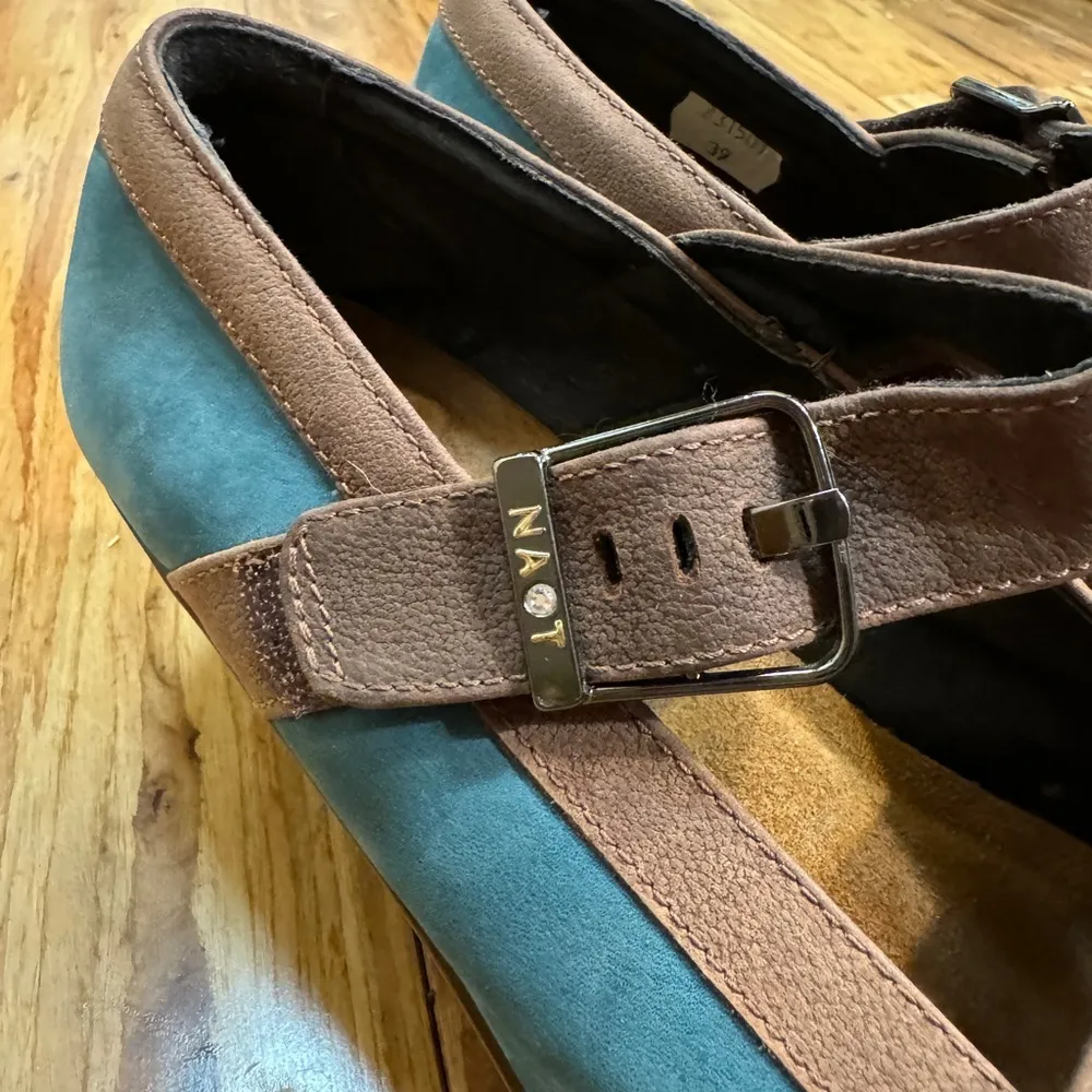 NAOT Dashing Pump Leather Mary Jane Heels Shoes Teal Brown 39 Hook & Loop size 8 - Image 2