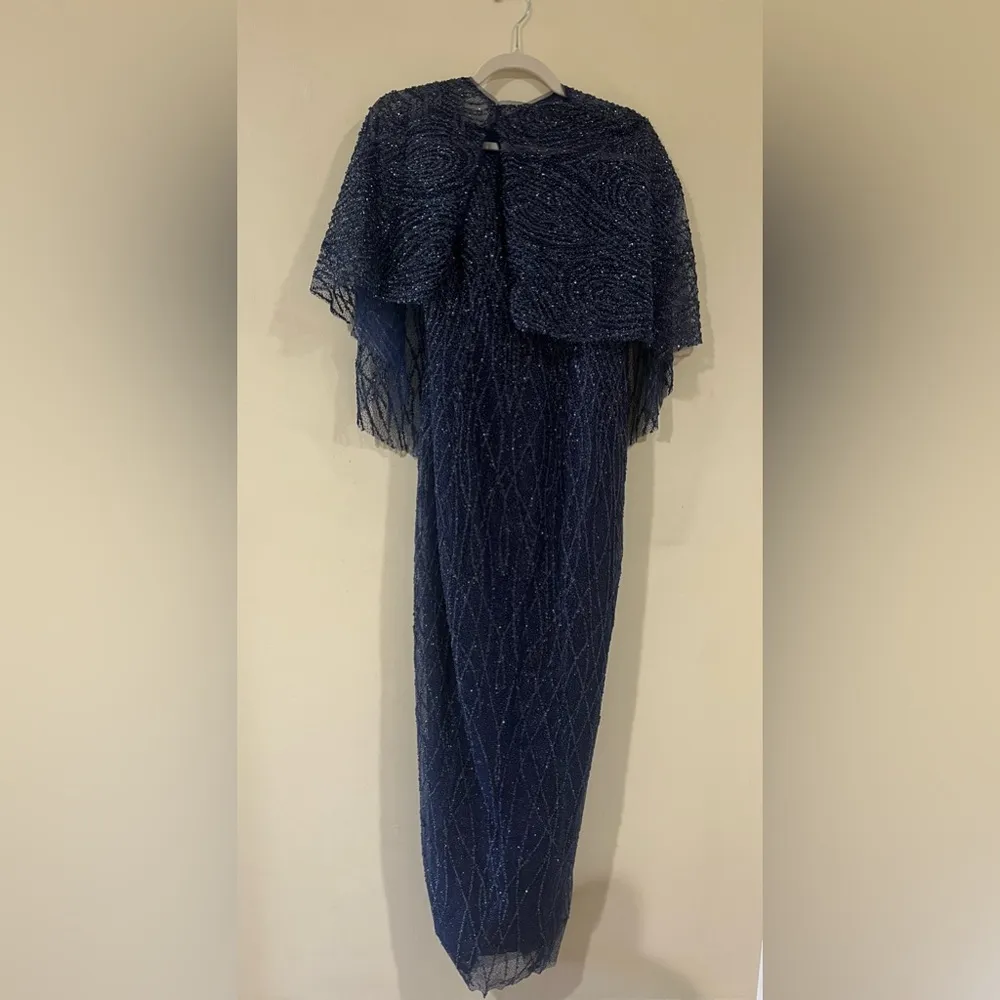 Marchesa Notte Formal Beaded Sequin Column Evening Gown with Removable Cape Blue Size 6 - Image 4