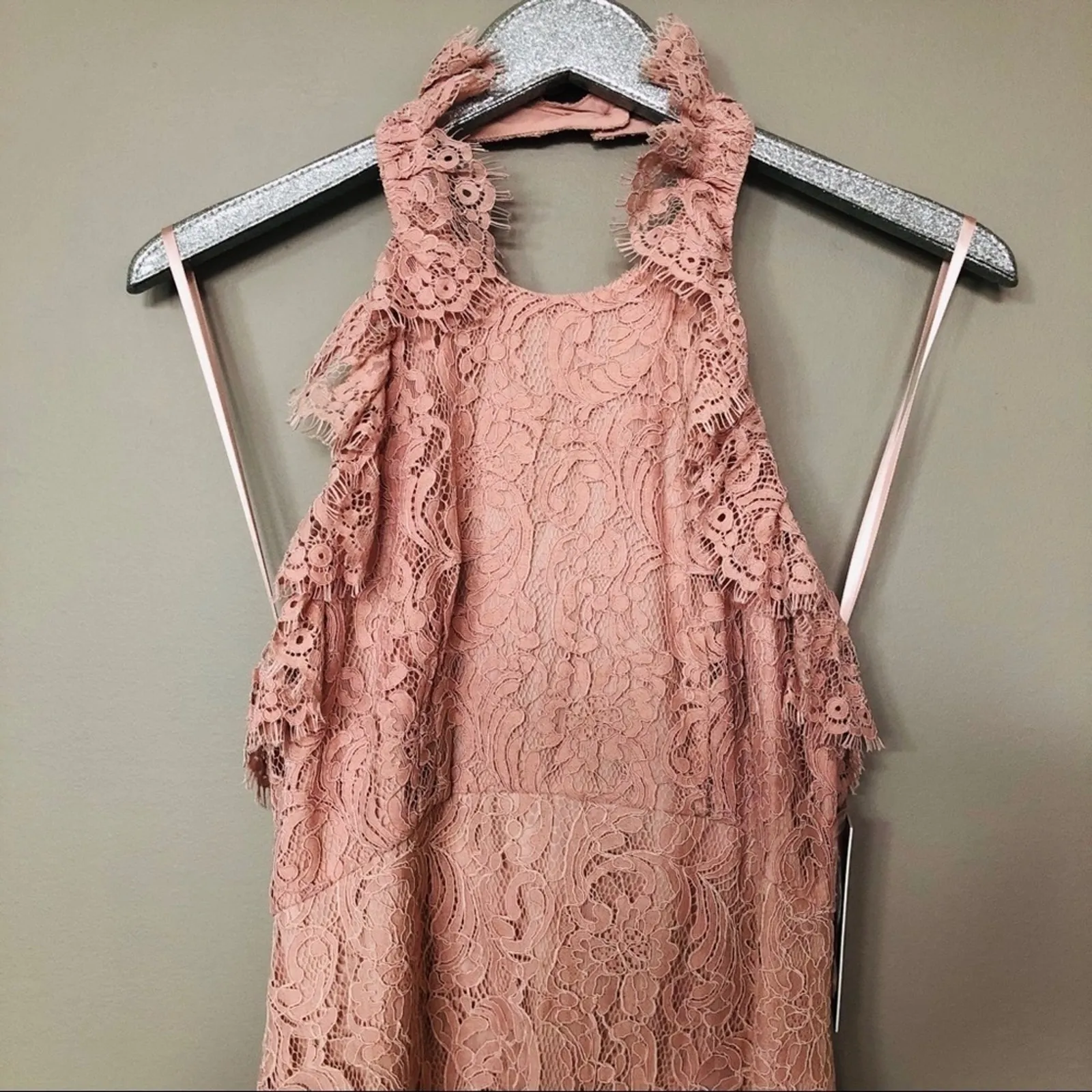 Nanette Lepore Barely Blush Pink Eyelash Lace Ruffle Halter Neck Dress NEW - Image 4