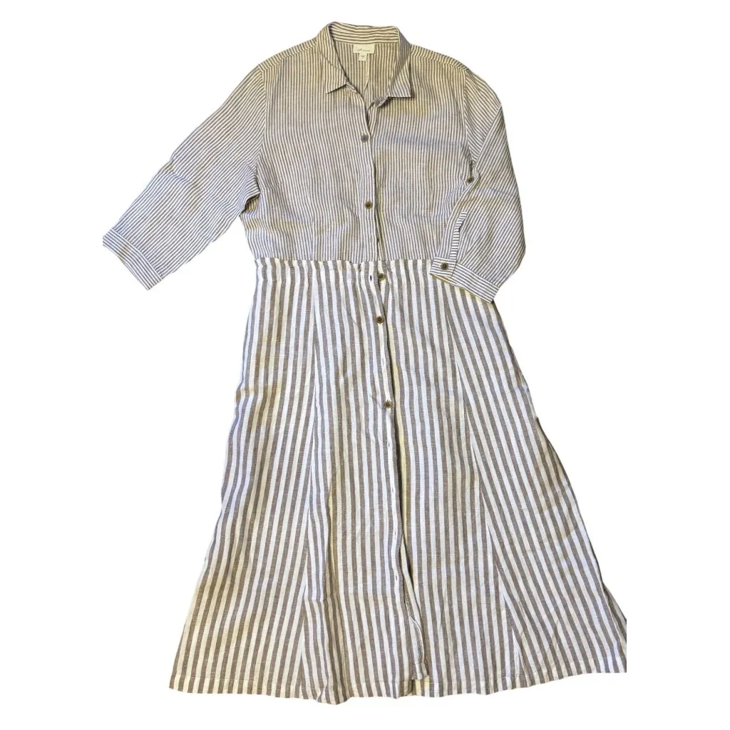New J Jill Love Linen L Maxi Dress Shirt Button Striped Duster Jacket White Tan - Image 4