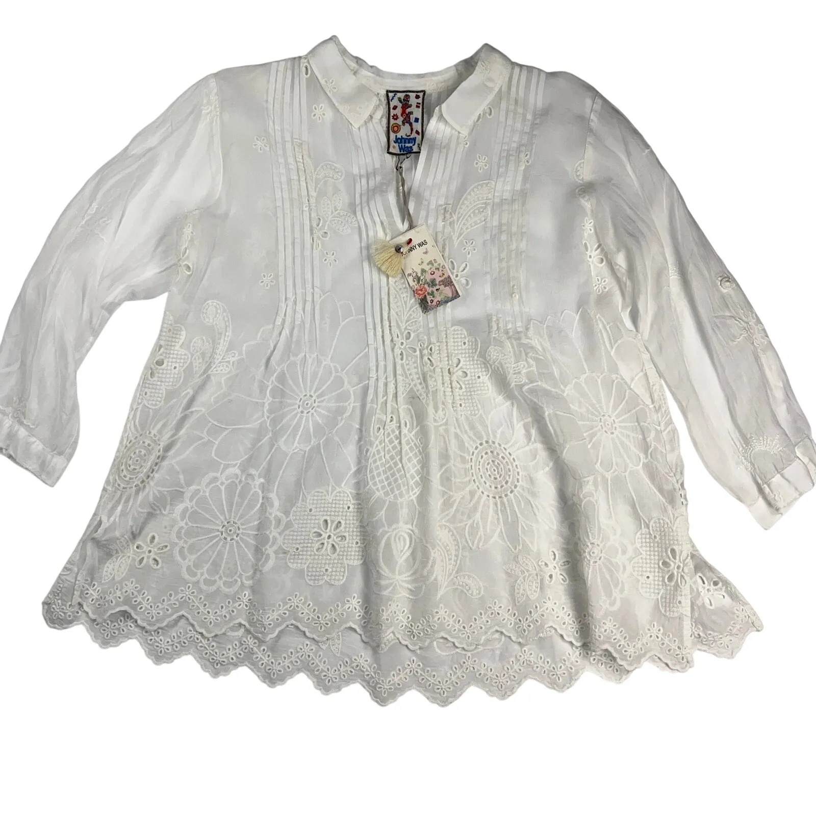 Johnny Was White Lemmi Blouse - Jazlynn Eyelet Fairy Roll Tab Sleeve Size S - Image 2