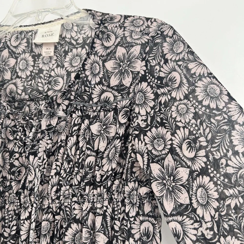 Knox Rose Boho Floral Lace Up Top Black Pink Long Balloon Sleeves Crochet XS - Image 4