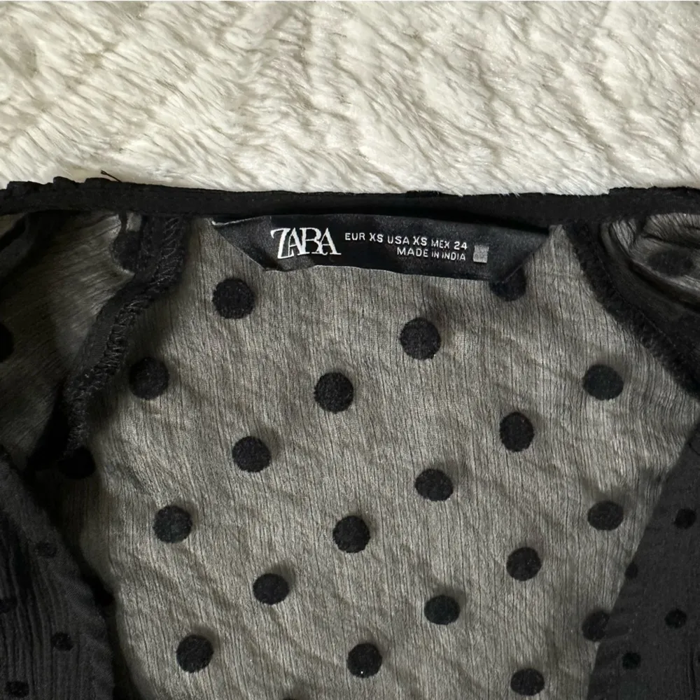 ZARA Black Sheer Velvet Polka Dot V Neck Plunge Bell Sleeve Blouse Swiss Dot Top - Image 4
