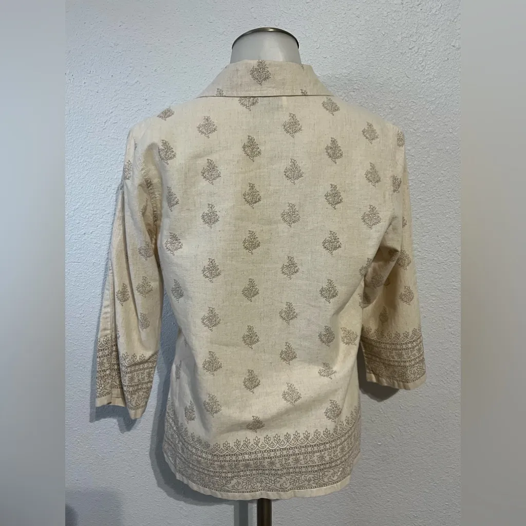 Vintage Casey & Max Linen Cotten Embroidered Button Up Top Size Small Tan - Image 3