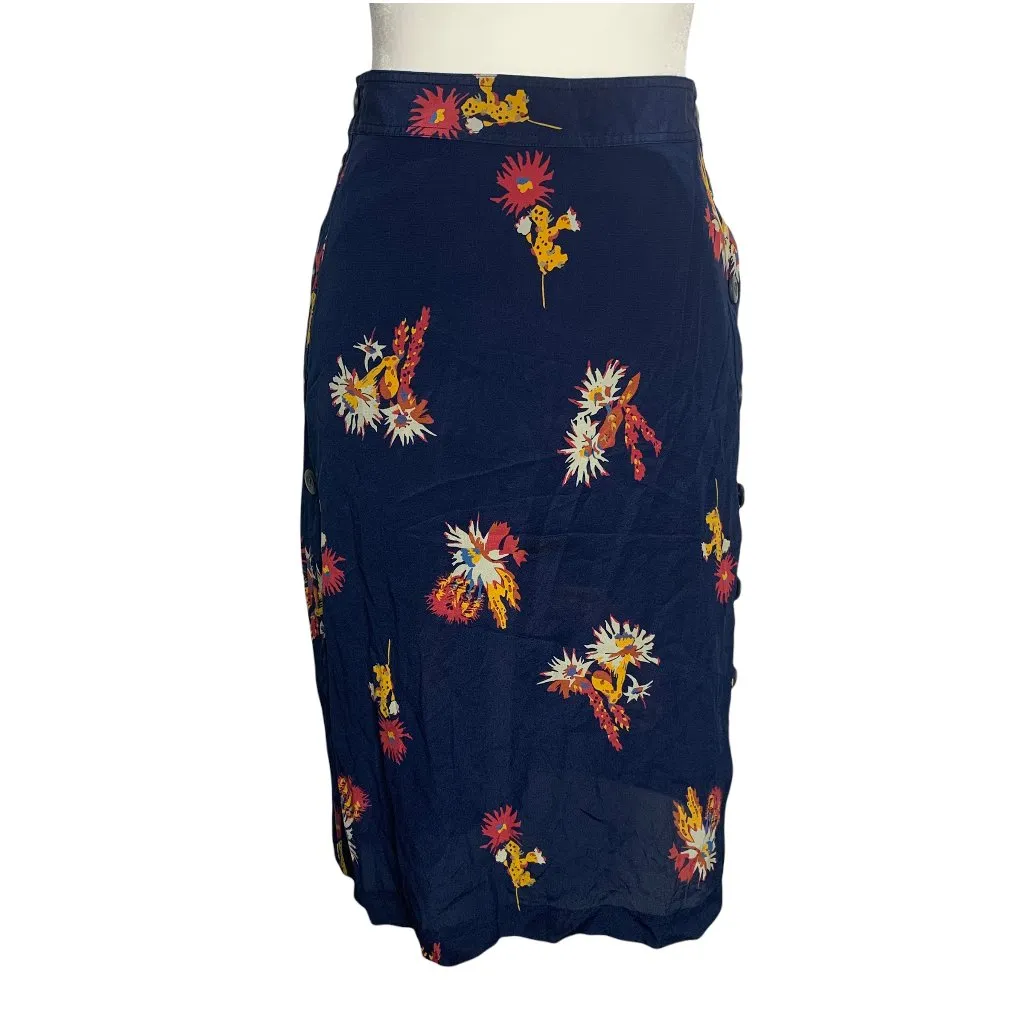 Madewell Silk Side Button Down Skirt S Blue Cactus Flower Lined Midi 40PE - Image 2