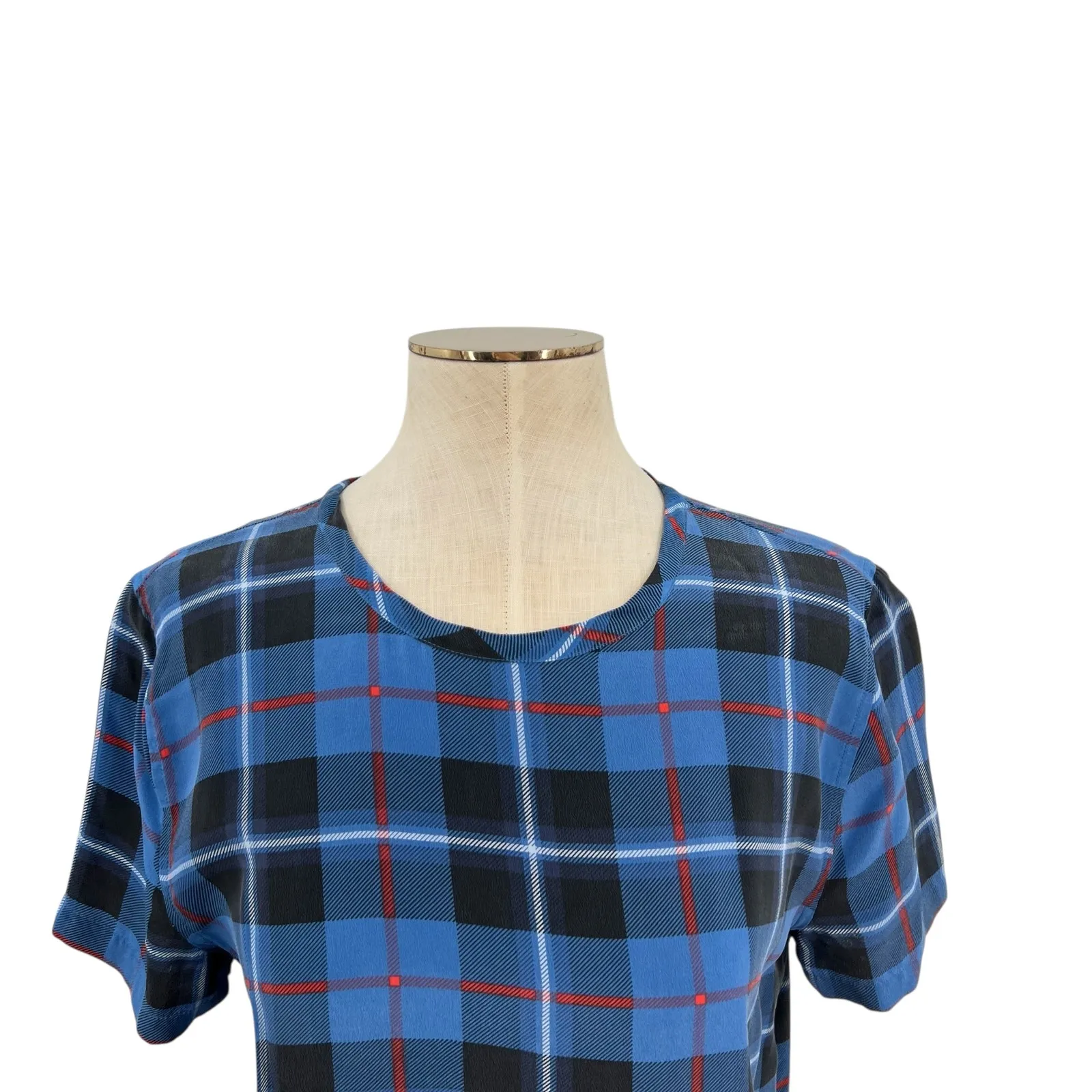 Equipment Riley Plaid Top Blouse Short Sleeve Check Plaid‎ Silk Blue Size XS - Image 5