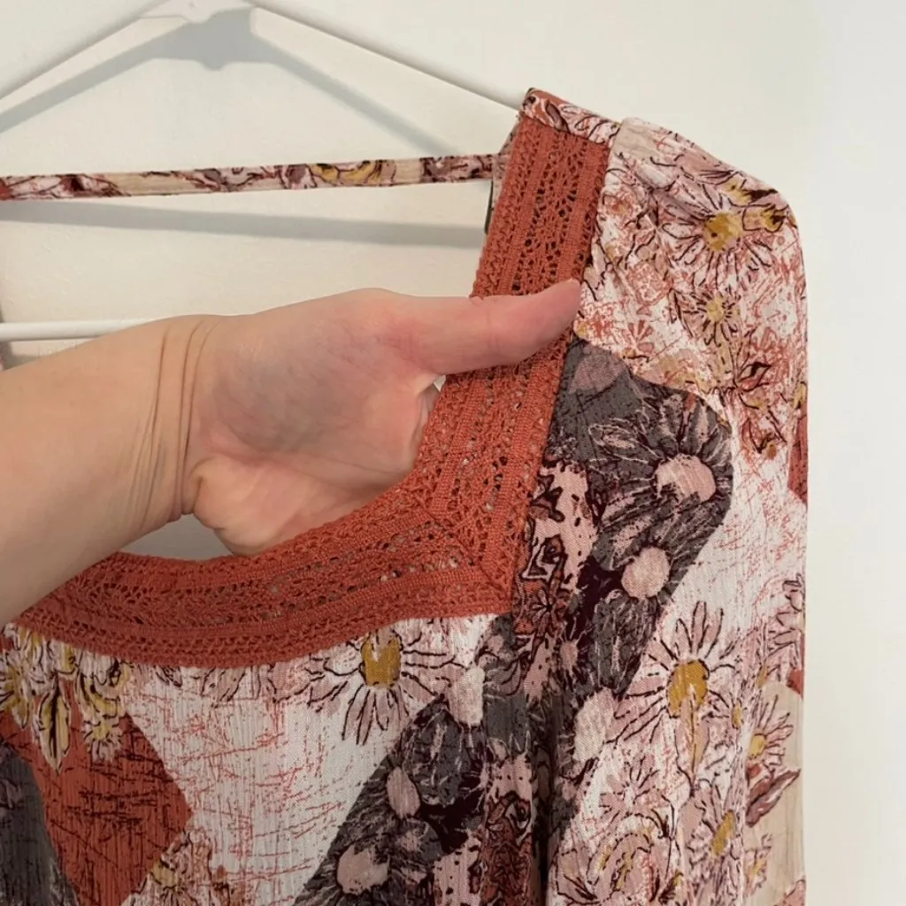 MAURICES Crochet Trim Patchwork Babydoll Blouse Multi Floral Boho 3/4 Sleeve Top - Image 9
