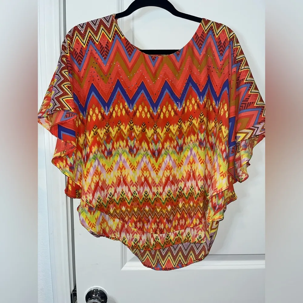 Peter Nygård Women’s Butterfly Sleeve Layered Chiffon Bling Chevron Blouse Sz S - Image 5