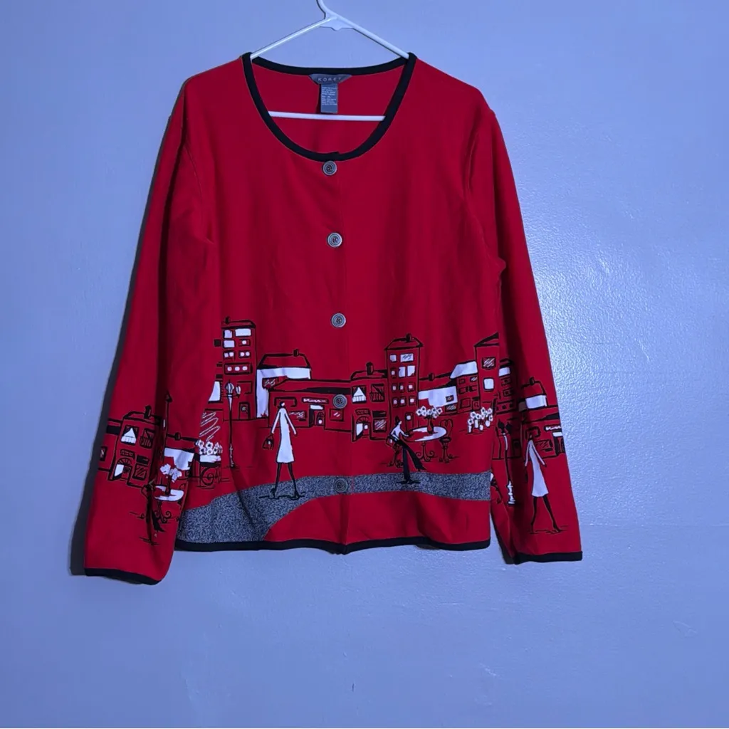 Vintage Koret Cityscapes Cardigan Red with Buttons and Long Sleeves Size XL - Image 2