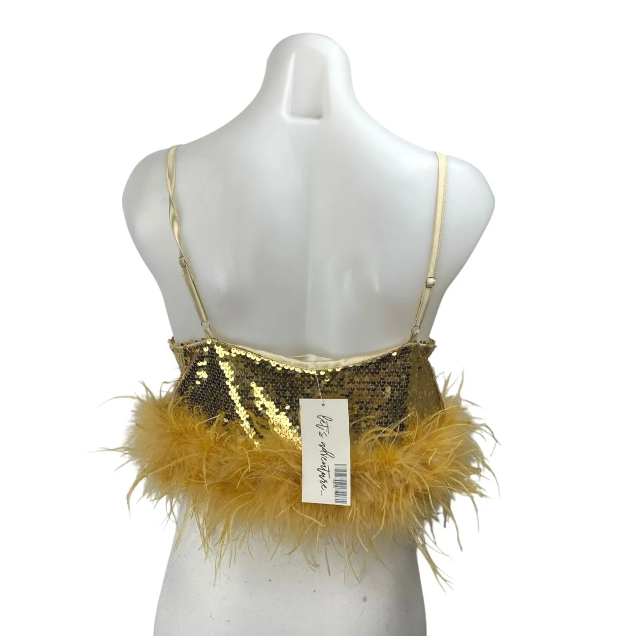 NEW 12th Tribe Gold Sequin Metallic Feather Sleeveless Cami Tank Crop Top Size S - Image 2