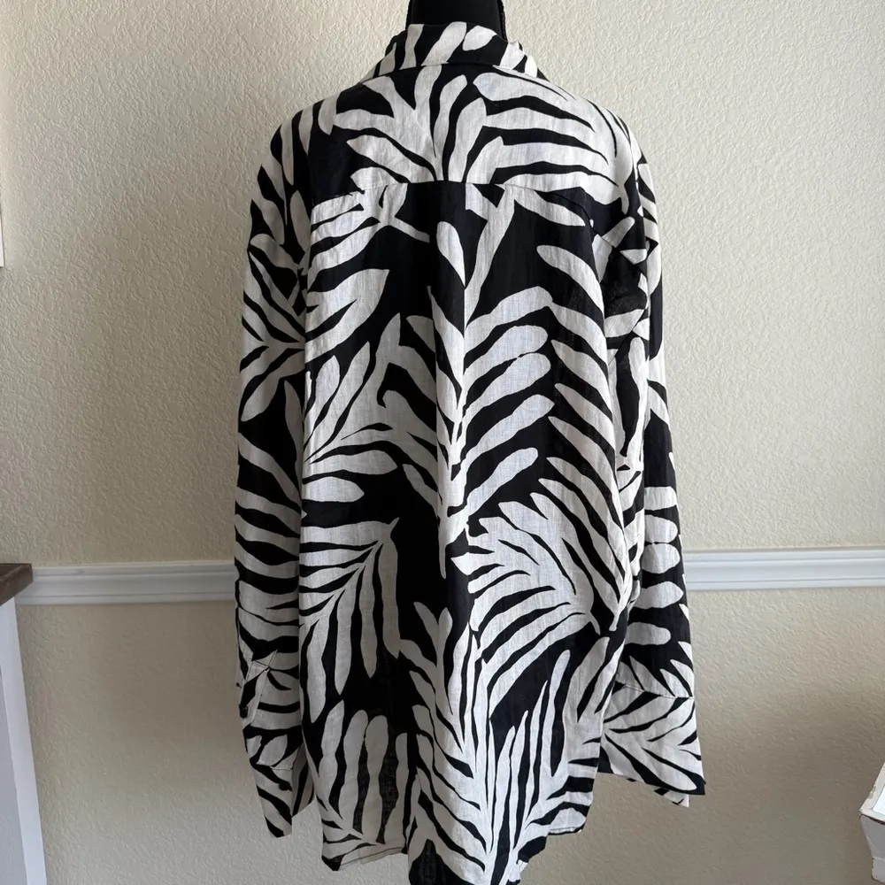 H&M Monochrome Linen Shirt Animal Print Button Down Blouse XL Modern Resort Chic - Image 10