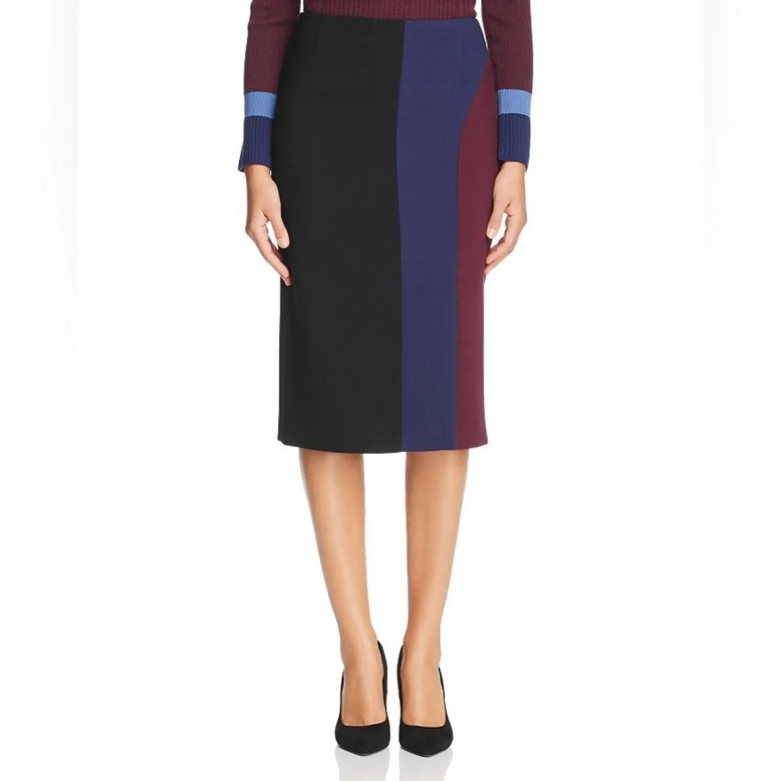 BOSS Hugo Boss Velivia black burgundy blue colorblock wool pencil skirt 10 - Image 11
