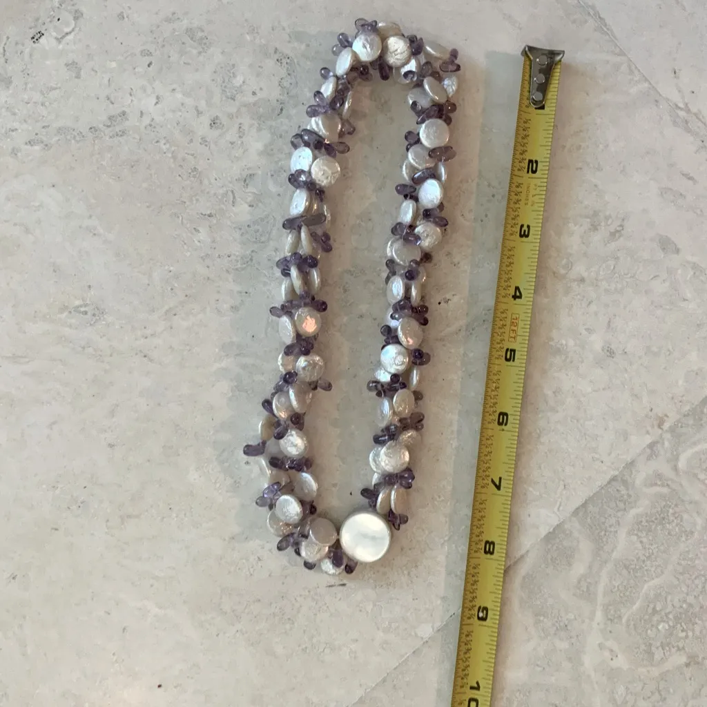 Cool Coin Pearl & Amethyst Drop 3 Strand Necklace Purple - Image 4