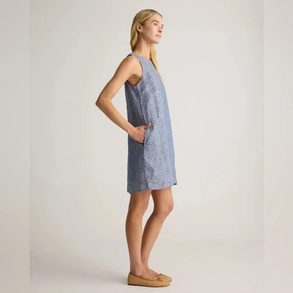 NWT Quince women's 100% european linen tank mini Dress Sleeveless Blue Stripe L Size L - Image 5