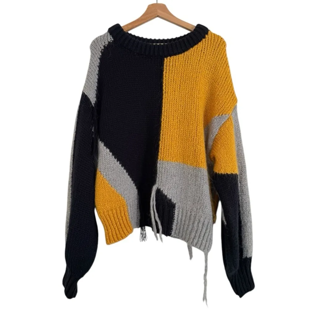 ZARA Abstract Colorblock Wool Mohair Chunky Knit Tassle Sweater Size M - Image 3