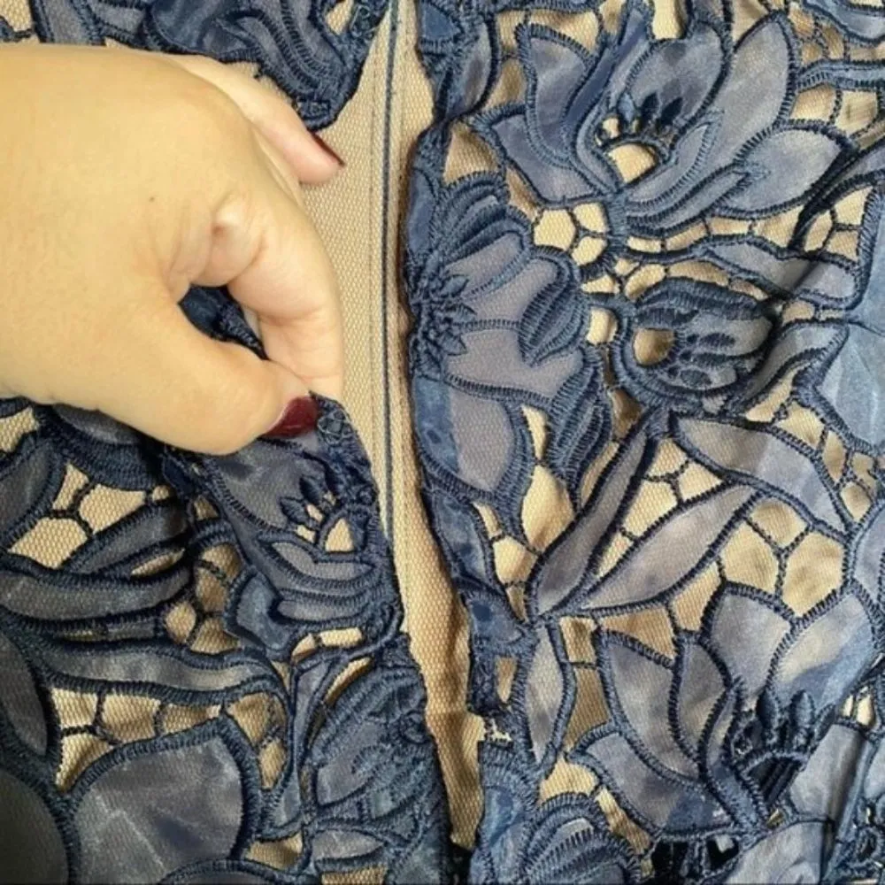 NWT Tadashi Shoji Navy Blue Nude Lace Off The Shoulder Maxi Dress Gown Size 10 - Image 7