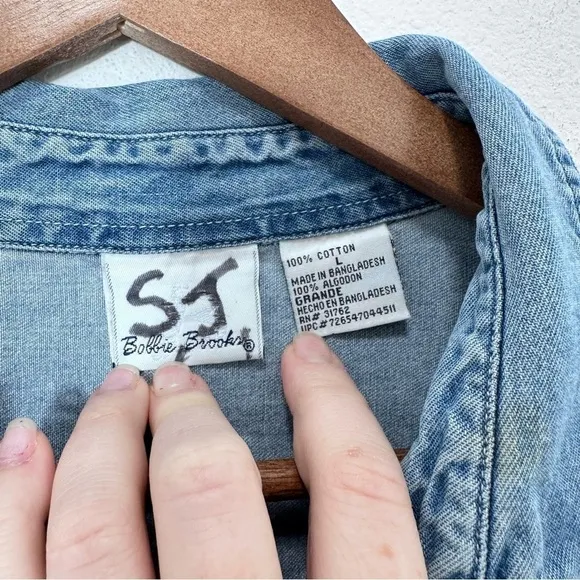 Vintage Denim Fall Floral Embroidered Longsleeve Button‎ Down Blouse Size Large Blue - Image 5