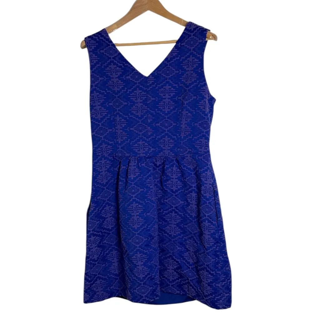 Maeve Anthropologie Averie Royal Blue Aztec Fit And Flare Brocade Dress Size 14 - Image 3