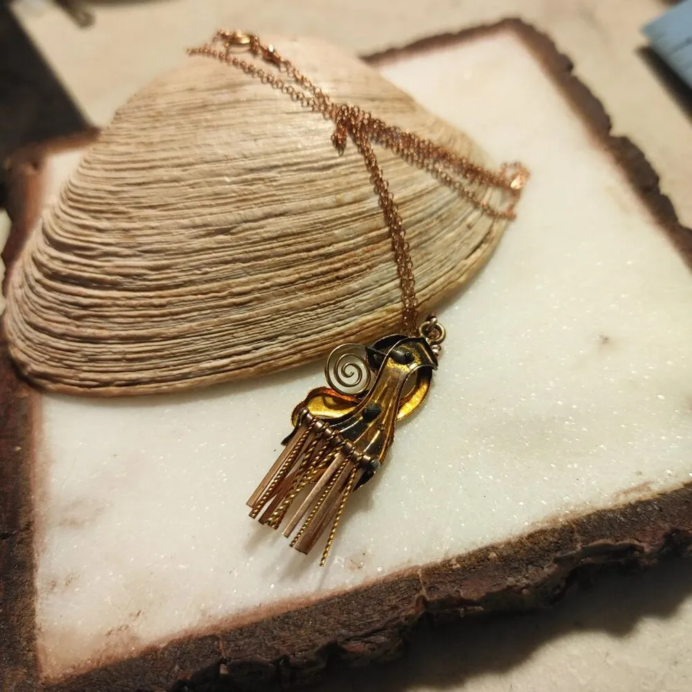 Vintage 12K Gold Moveable Intricate Pendant Necklace 14K GF Chain Pearl Accents - Image 10