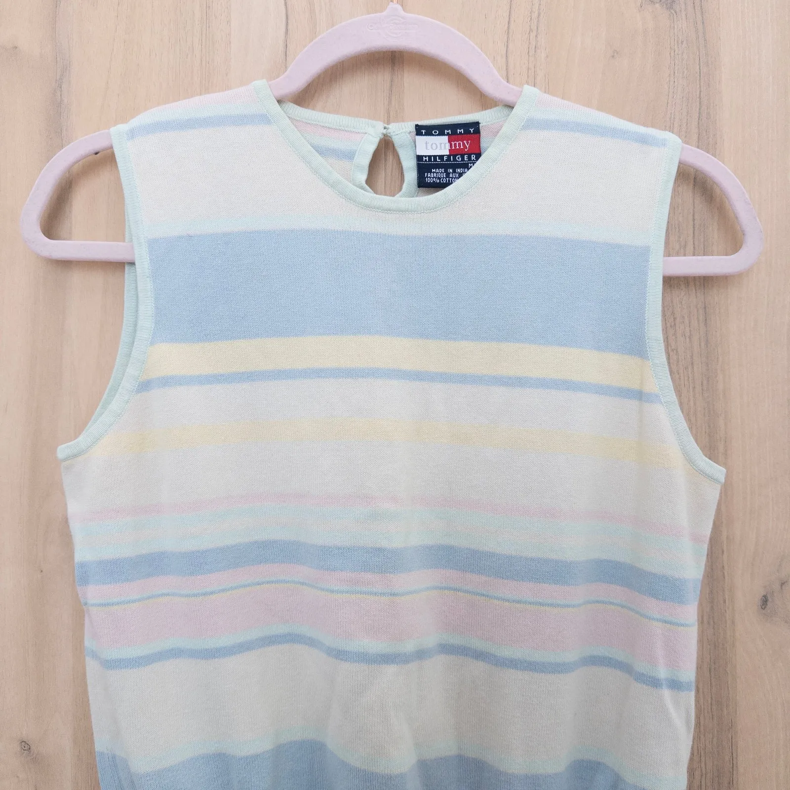 VTG Y2K Tommy Hilfiger Womens Sleeveless Sweater Top Size M Pastel Stripe Preppy - Image 2