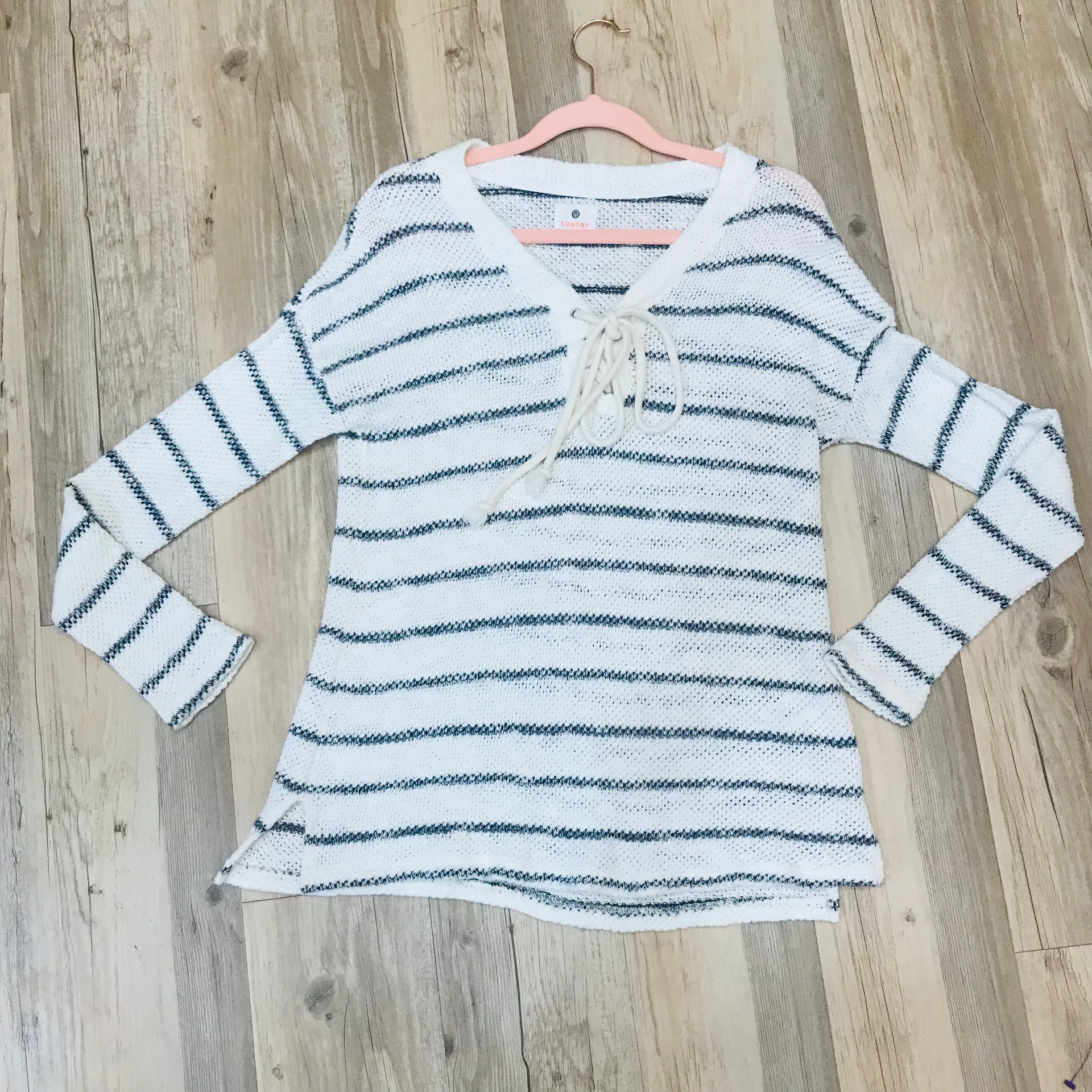 Striped Lace Up Sweater Natural White navy blue Size 1 small. - Image 6