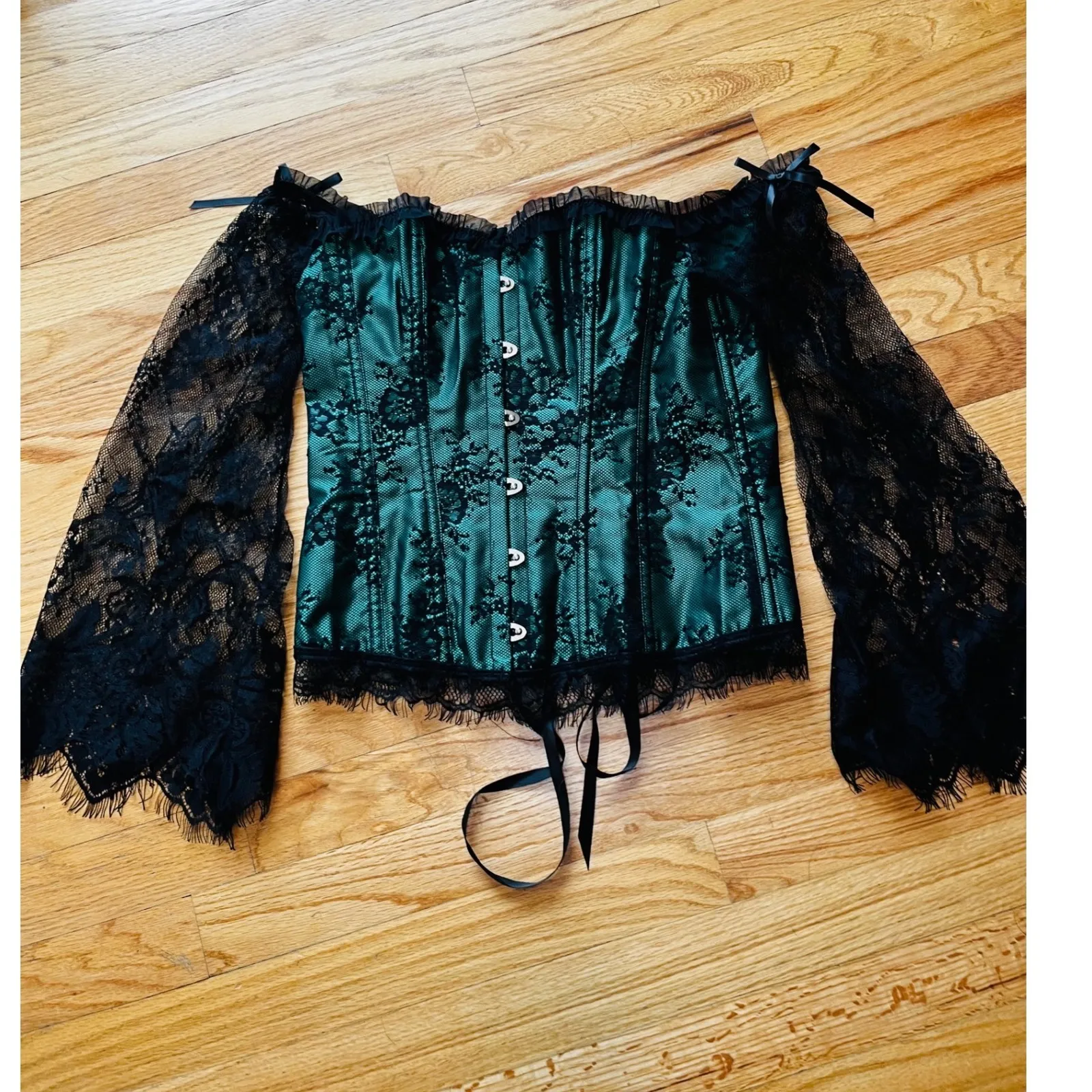 Off Shoulder Lace Corset Top Emerald Green Black Bell Sleeve Boned Bustier Size L - Image 2