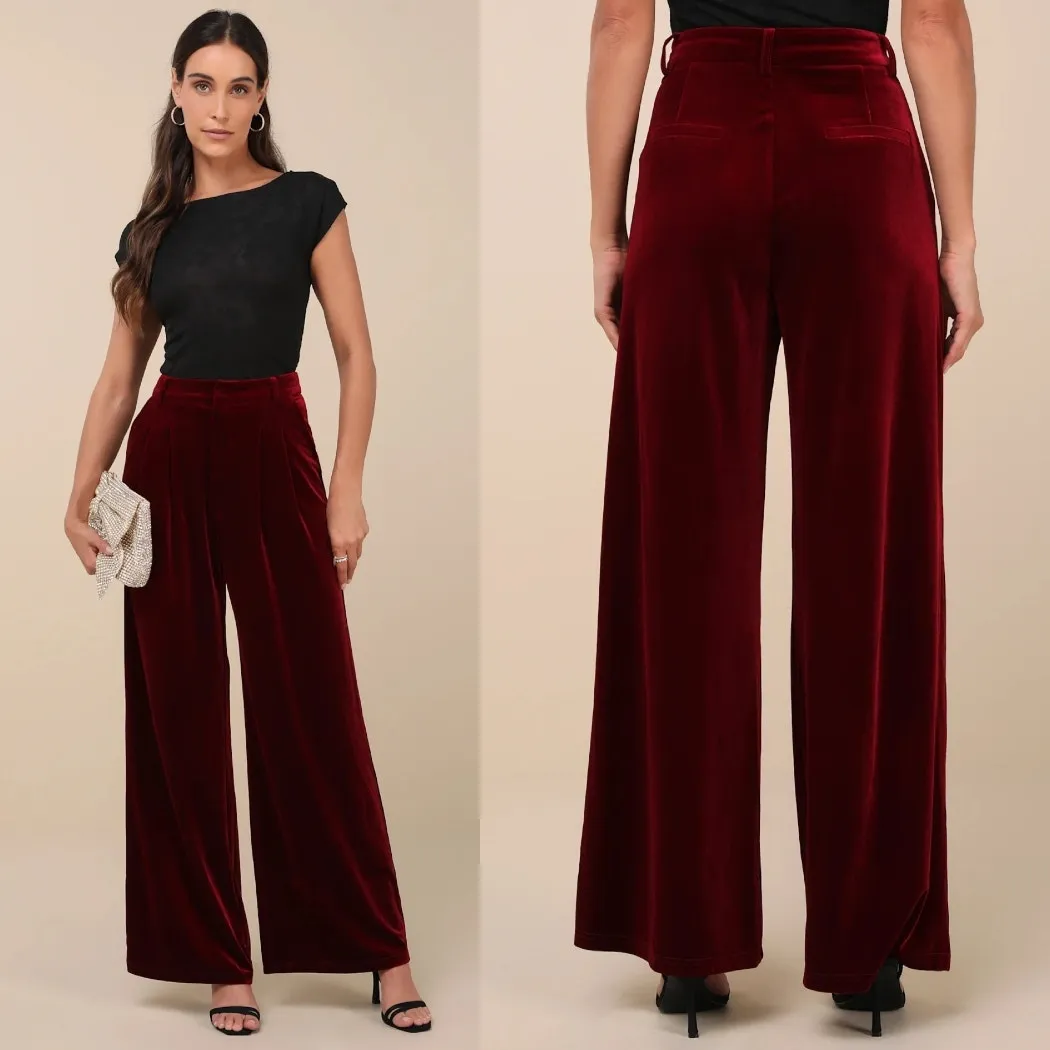 Lulus Chic Splendor Wine Red Velvet Pleated High-Rise Wide-Leg Pants Size 12 - Image 3