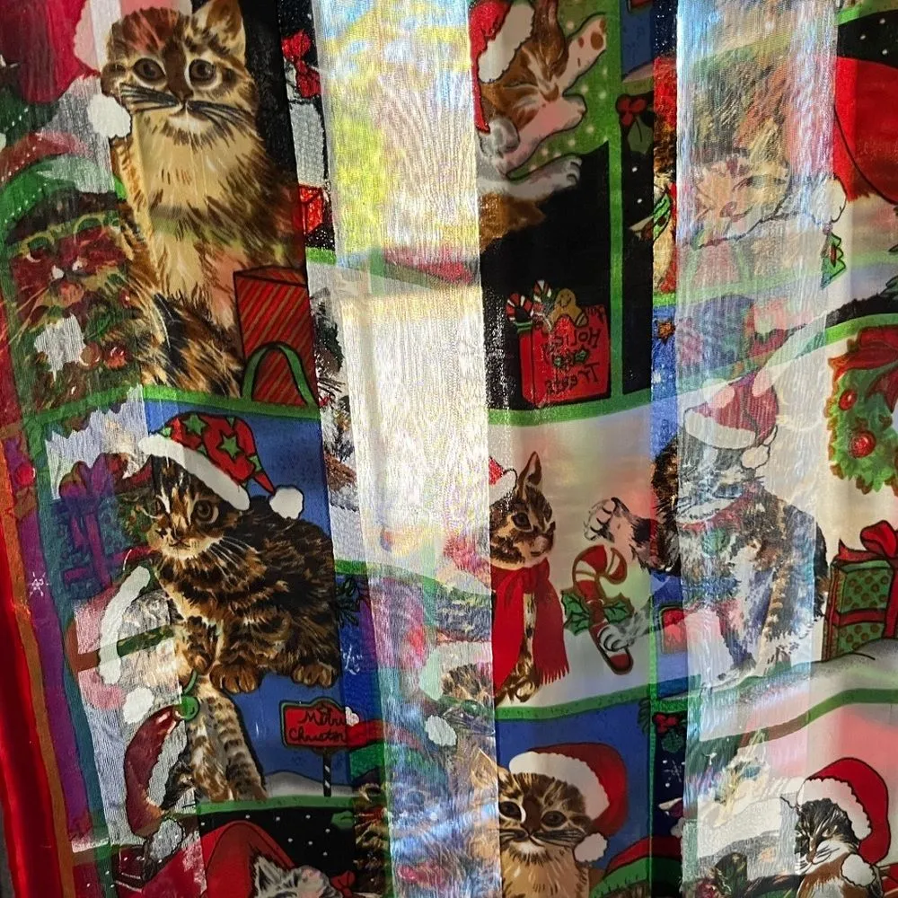 Vintage Christmas Cat Scarf Sheer Red Green Holiday Kitty Print Accessory - Image 8