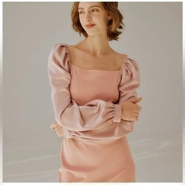 NAP Loungewear Square Neck Puff Sleeve Midi Dress in Pink Size Medium - Image 3