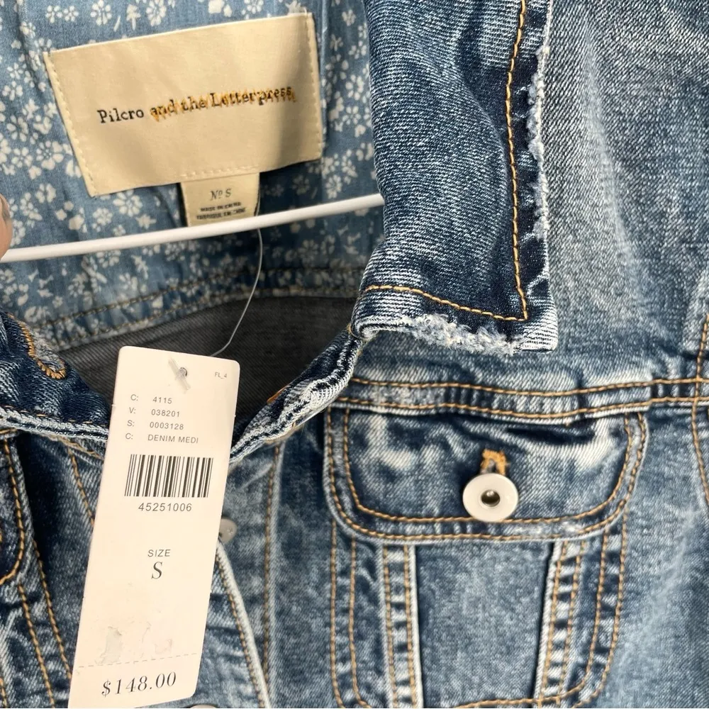 Anthropologie  NEW Pilcro Eyelet Button Front Gingham Ruffle Denim Jacket - Image 9