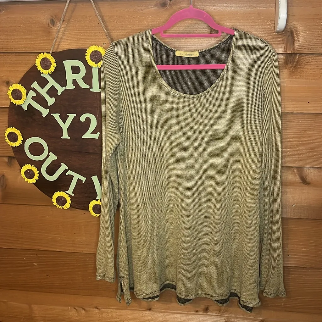 Cut Loose Waffle Knit Ribbed Henley Gold Yellow Black Long Lagenlook Shirt LG - Image 2