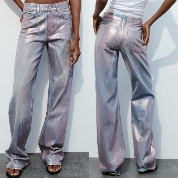 Zara MID WAIST FULL LENGTH TRF FOIL SILVER METALLIC WAXED JEANS SIZE 6 NEW - Image 2