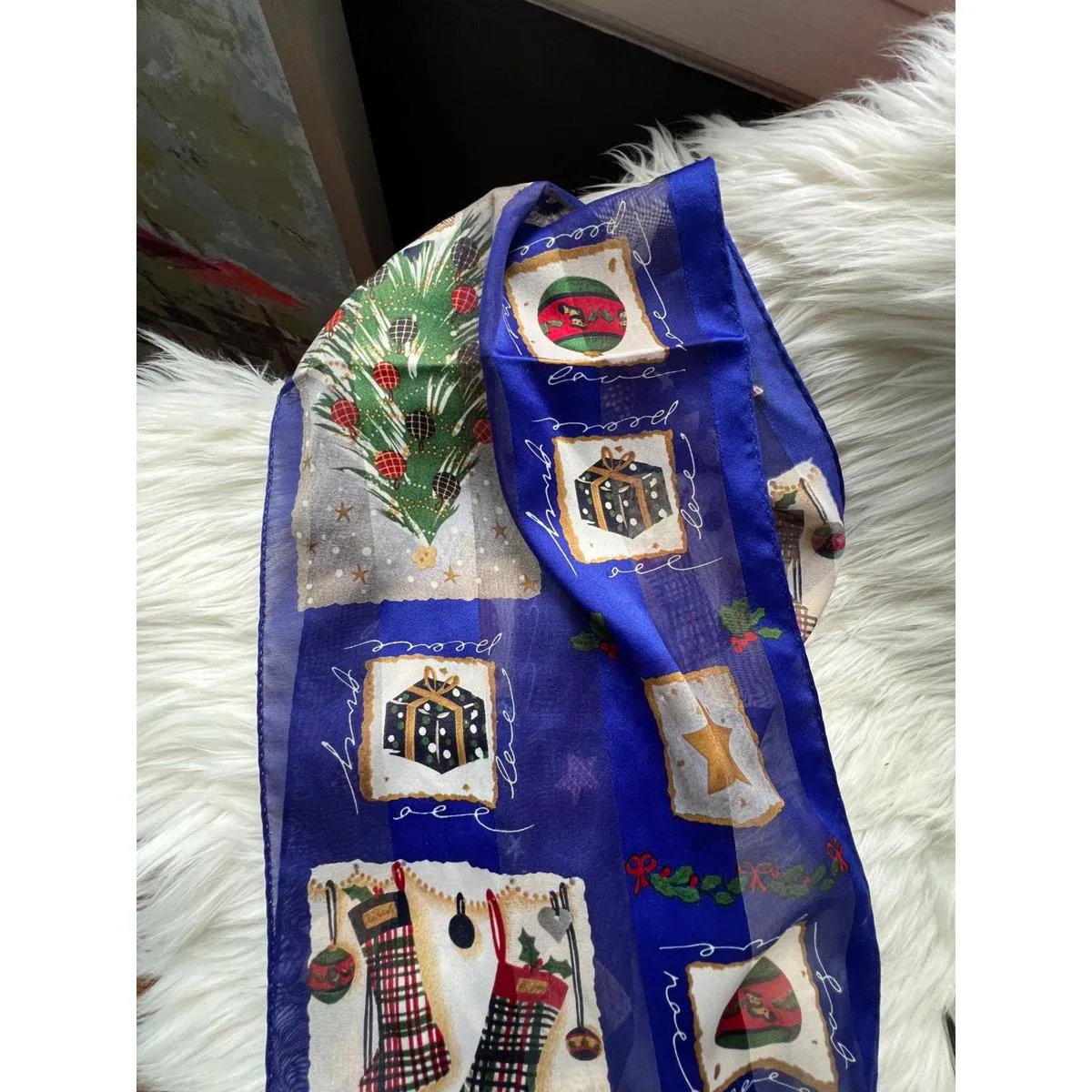 Liz Claiborne Silk Blue Holiday Patterned Scarf - Image 4