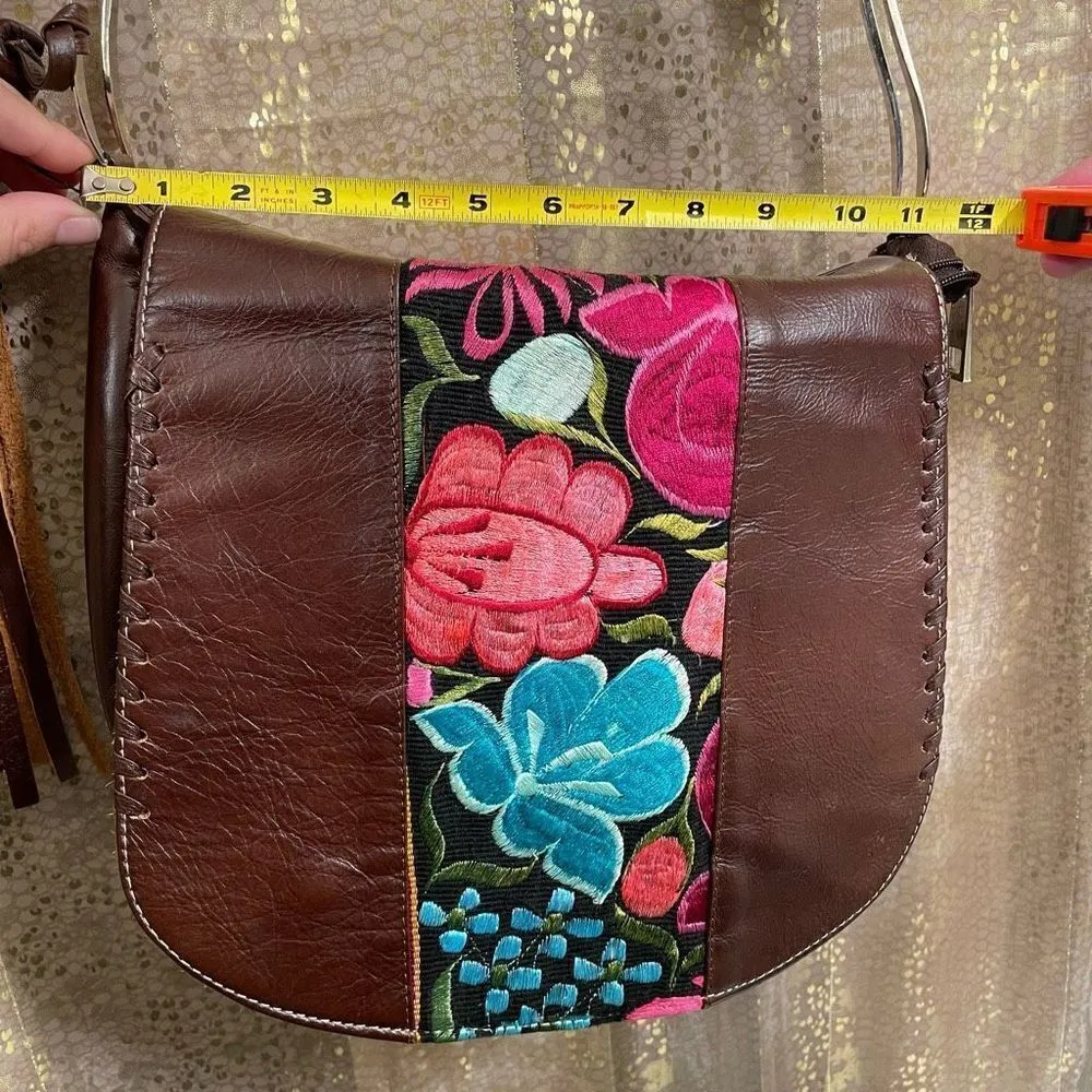 Borssa Brown Colorful Embroidered Floral Mexican Boho Real Leather Small Purse N - Image 11