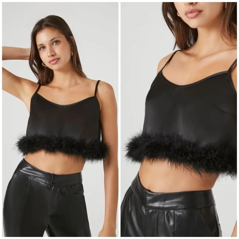 Forever 21 Black Feather Trim Cropped Satin V-Neck Cami Top Blouse Size XL NWT - Image 2